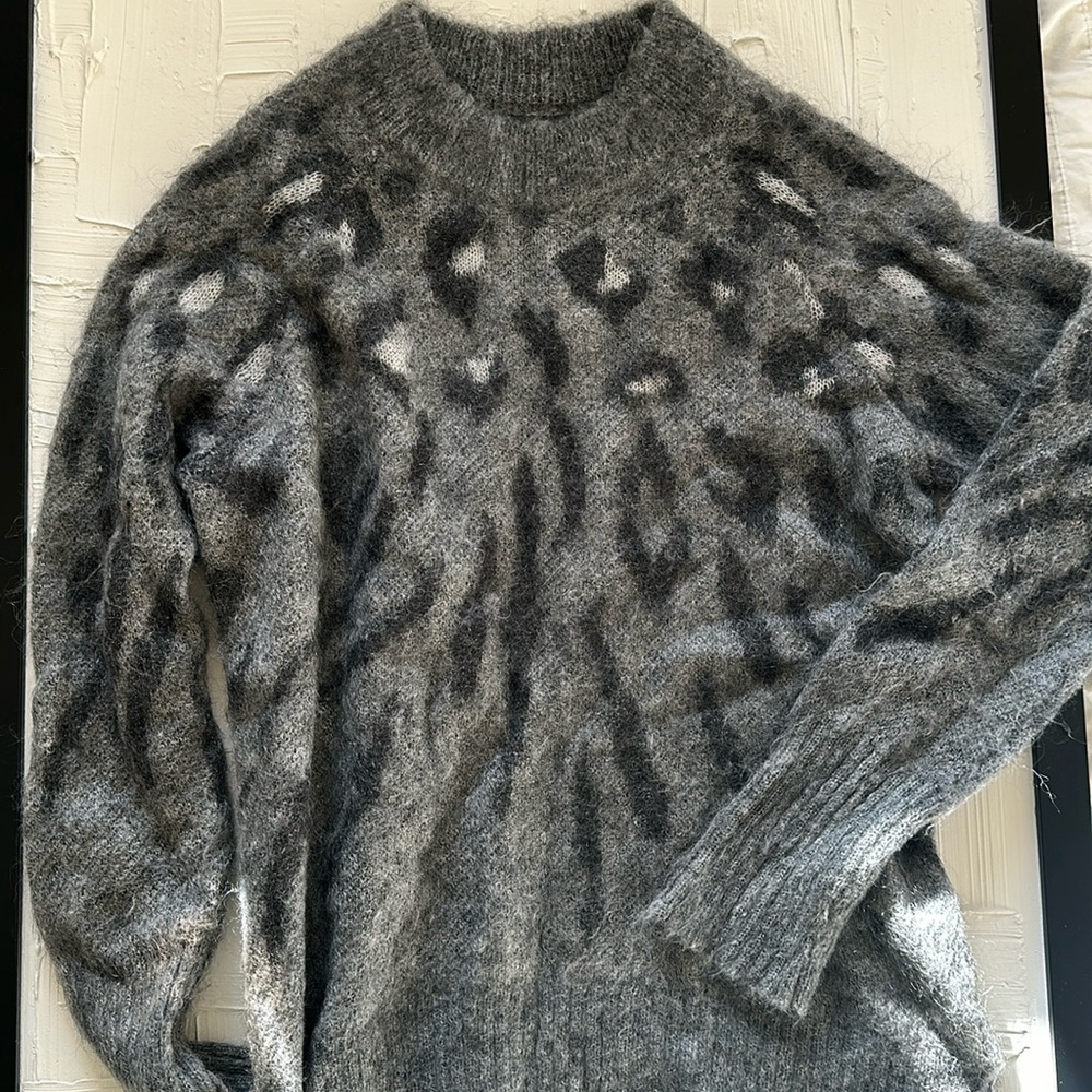 All Saints gray leopard sweater asymmetric mohair rabbit soft XS